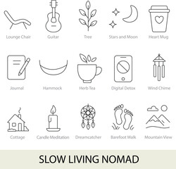 Slow Living Nomad – 16 Editable Line Icons for Minimalist Lifestyle, Relaxation & Digital Detox | Vector Set in AI, EPS, SVG | Designed in Adobe Illustrator