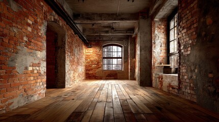 Obraz premium Empty Room with Exposed Brick and Wooden Floor Interior