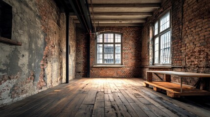 Empty Room in Old Building with Wooden Floor and Brick Walls