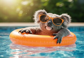 A charming koala enjoys a refreshing swim in the pool while wearing sunglasses