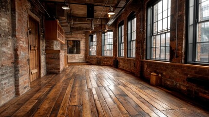 Empty Room with Brick Walls and Wood Flooring in a Loft