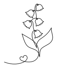 Flower Lily of the Valley with heart in One Continuous Line Art Drawing. Minimalist Floral Vector Illustration. Monoline. Editable stroke