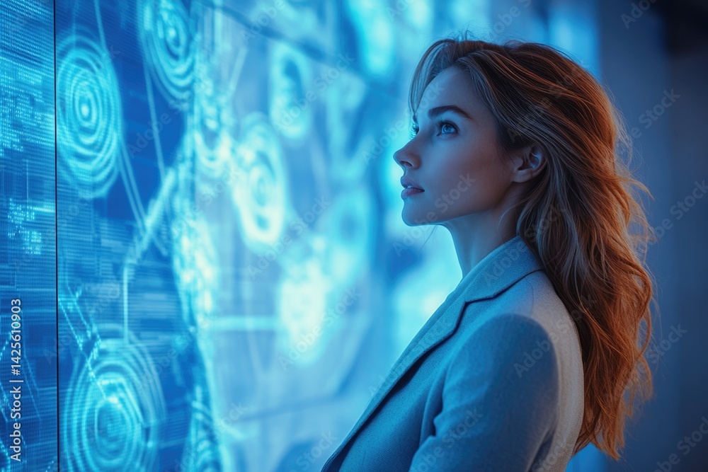 Poster A woman gazes at a futuristic holographic display, captivated by its intricate data visualizations.
