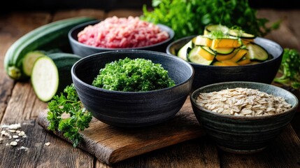 Panorama of fresh pet food with raw beef ingredients concept. Fresh ingredients arranged in bowls for a healthy meal prep.