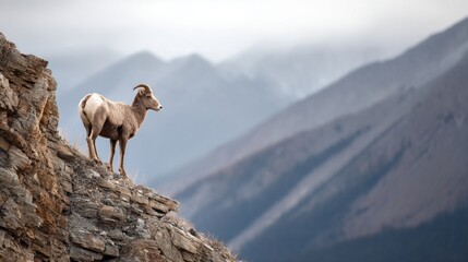 Naklejka premium Bighorn sheep standing on a cliffside overlooking a mountain range.