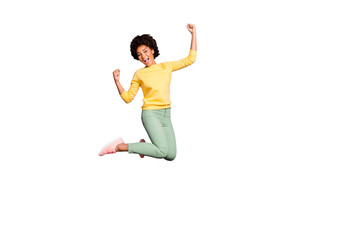 Full length body size view of her she nice attractive lovely funky girlish cheerful cheery...