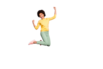 Full length body size view of her she nice attractive lovely funky girlish cheerful cheery wavy-haired girl celebrating jumping having fun isolated over violet purple lilac pastel color background