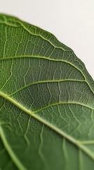 Fototapeta premium Close-up of a vibrant green leaf showcasing intricate vein patterns against a light background