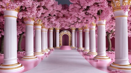 Pink Blossom Archway: Gilded Columns & Surreal Cherry Trees