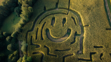 an aerial view of a corn maze with a smiley face design.