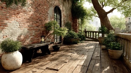 Fototapeta premium Idyllic Outdoor Patio with Brick Wall and Lush Plants