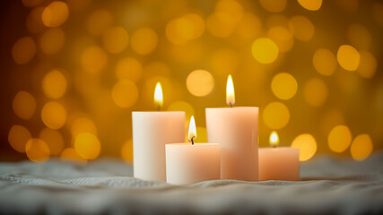 Burning candles on floor in darkness.
