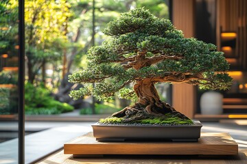 Elegant Juniper Bonsai Tree in Pot Against Textured Dark Background