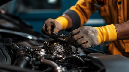 Obraz premium A mechanic carefully aligning engine components during reassembly, demonstrating precision work,