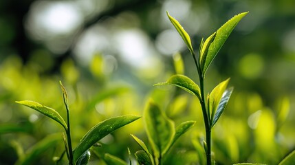 Obraz premium Close-up of fresh green tea leaves with sunlight exposure, macro lens capturing details of tender new spring buds, natural light, high saturation, in a natural environment.
