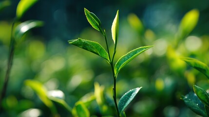 Close-up of fresh green tea leaves with sunlight exposure, macro lens capturing details of tender new spring buds, natural light, high saturation, in a natural environment.