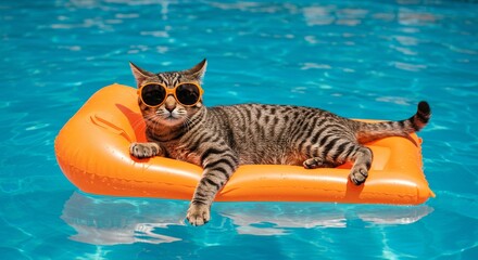 A cool cat relaxing in a swimming pool on an orange float