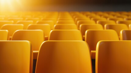 Fototapeta premium Empty Yellow Chairs in Rows with Warm Light and Cinematic Focus