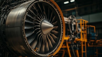Fototapeta premium A mechanic performing preventive maintenance on a commercial aircraft engine, focused and attentive,