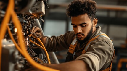 A mechanic working on an aircraft engine's ignition system, troubleshooting electrical components,