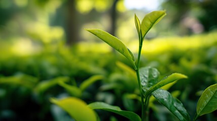 Fototapeta premium Close-up of fresh green tea leaves with sunlight exposure, macro lens capturing details of tender new spring buds, natural light, high saturation, in a natural environment.