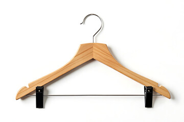 Wood clothes hanger with metal clips isolated on white background
