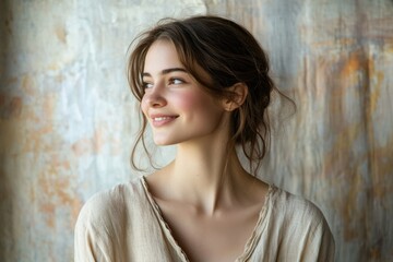 Fototapeta premium A young woman with brown hair smiles gently, her gaze directed off-camera, against a textured backdrop.