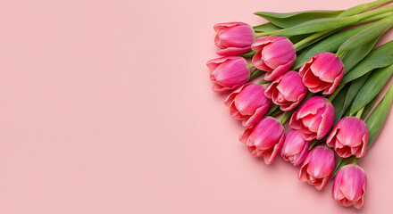 Obraz premium Pink Flowers Arrangement on Pink Background with Copy Space