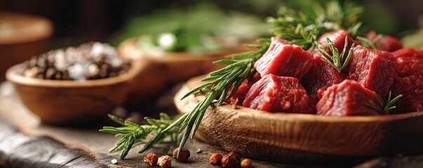 Panorama of fresh pet food with natural meat fodder concept. Fresh meat cubes with spices and green herbs in wooden bowls.