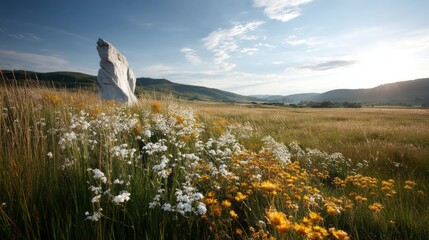 Fototapeta premium a scenic landscape with a large rock formation in a field of wildflowers.