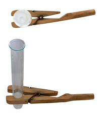 Clear chemical glass probe tube in vintage wooden clamps top and side views isolated on white