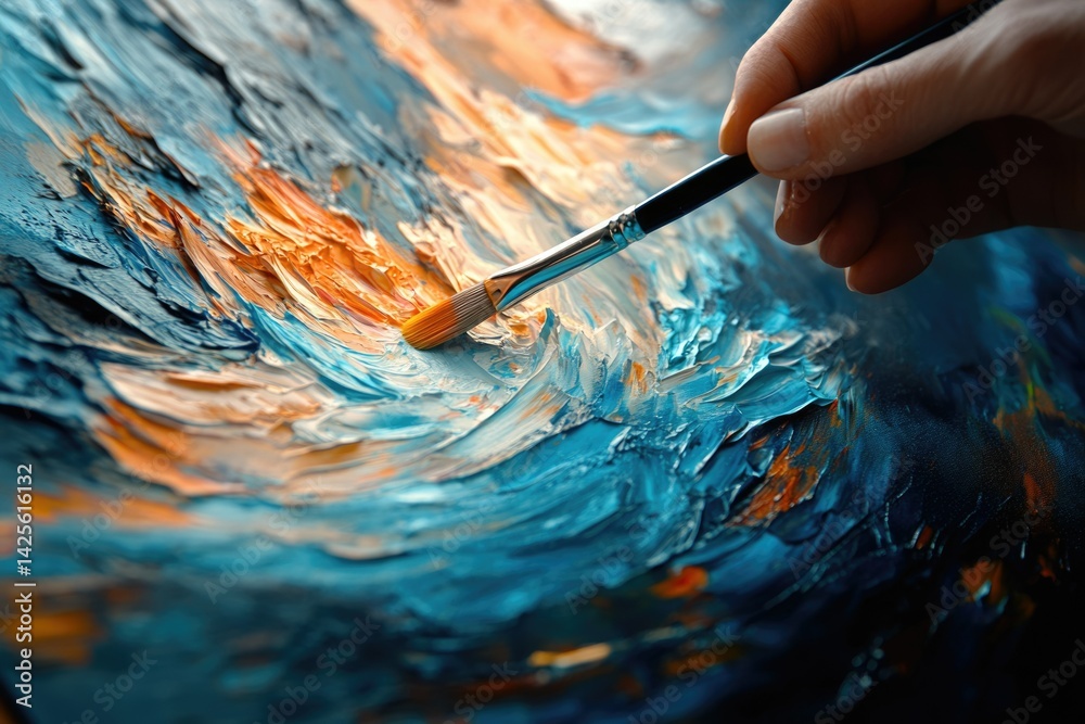 Poster a hand skillfully applies paint to a canvas, creating a vibrant impasto texture with swirling blues 