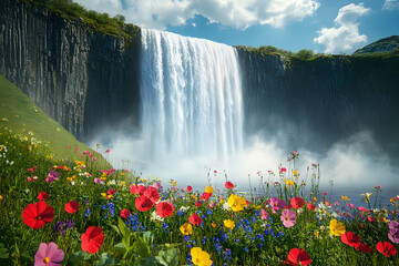 Naklejka premium Colorful wildflowers cascading around a powerful Icelandic waterfall.