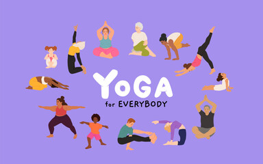 People doing yoga flat vector illustrations set. Male and female cartoon characters exercising. Diverse Men and women practicing Asana. Senior yoga. Physical activity, workout
