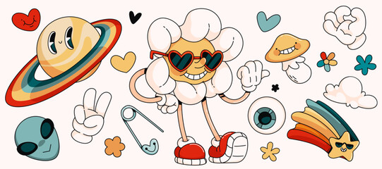 Retro rainbow summer characters set - cheerful smiling daisy character in heart shaped sunglasses, Saturn planet, alien head, flowers and hands gestures. 70s hippie vibes cartoon groovy stickers.