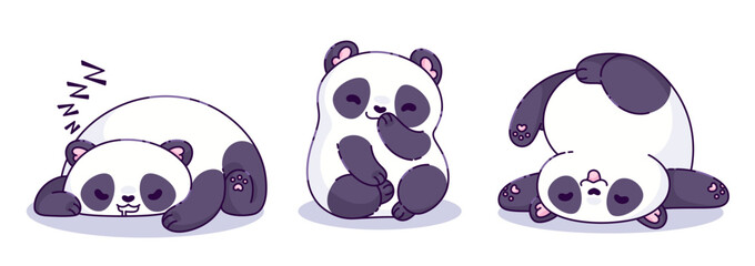 Kawaii panda characters set - sleepy cub, shying bear sitting, funny animal tumbling. Round body shape with white and black fur, cute faces expressions. Funny cartoon mascot doodle drawings.