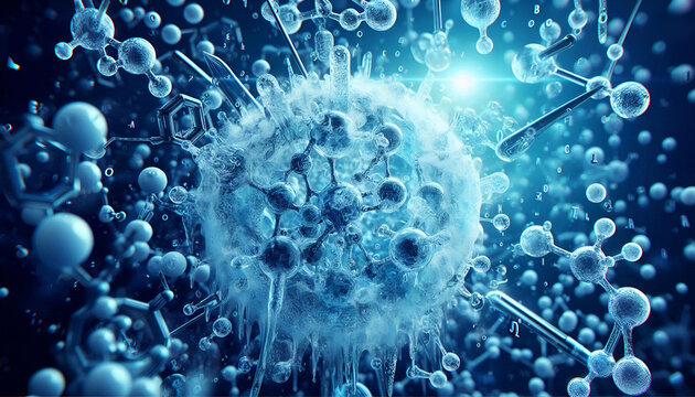 Scientific representation of absolute zero, molecules frozen in time with blue cold visuals