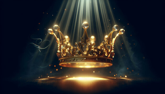 Golden crown floating in light, symbol of absolute power and royalty, dramatic lighting