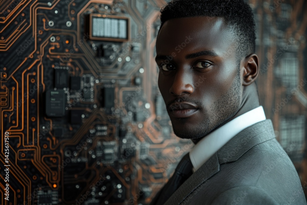 Poster a sophisticated african-american man in a suit stands before a complex circuit board, representing t