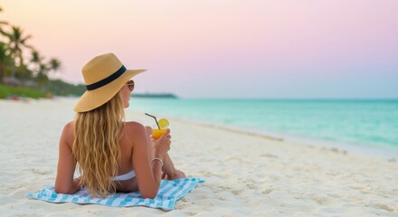Woman with drink relaxing on tropical beach at sunset