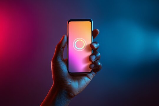Hand holding smartphone with glowing app icon in vibrant red and blue atmospheric lighting