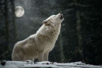 Obraz premium Majestic White Wolf Howling at Moon in Snowy Winter Forest