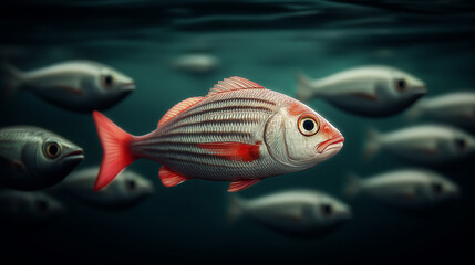 Fototapeta premium Individuality Underwater: A solitary fish, distinguished by its unique markings, navigates a sea of uniformity, creating a compelling visual metaphor for nonconformity and self-expression.