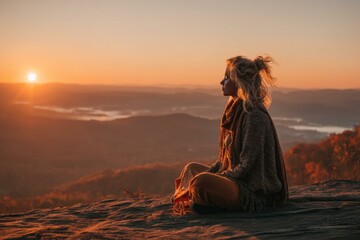 Woman in meditation atop a mountain at sunrise, enveloped in a serene, peaceful atmosphere.