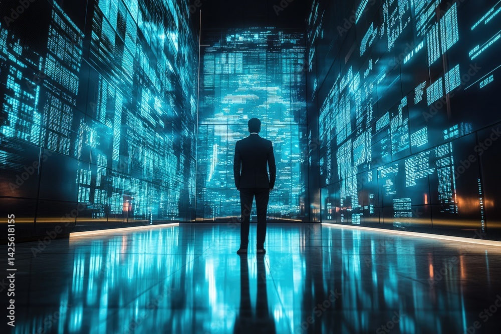Poster a businessman stands amidst a futuristic cityscape of flowing data streams, symbolizing the vastness