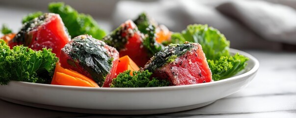 Panorama of fresh pet food featuring fresh beef fodder concept. Freshly prepared vegetable dish with colorful ingredients.