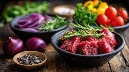 Panorama of fresh pet food with raw beef ingredients concept. Fresh ingredients and raw meat arranged on a wooden table.