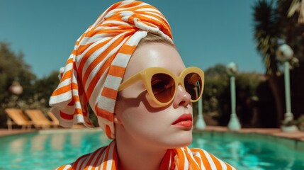 Under a brilliant sun, a woman with retro sunglasses and a striped towel wrap basks by the pool. Her striking look captures a timeless summer vibe, embracing leisure and fashion
