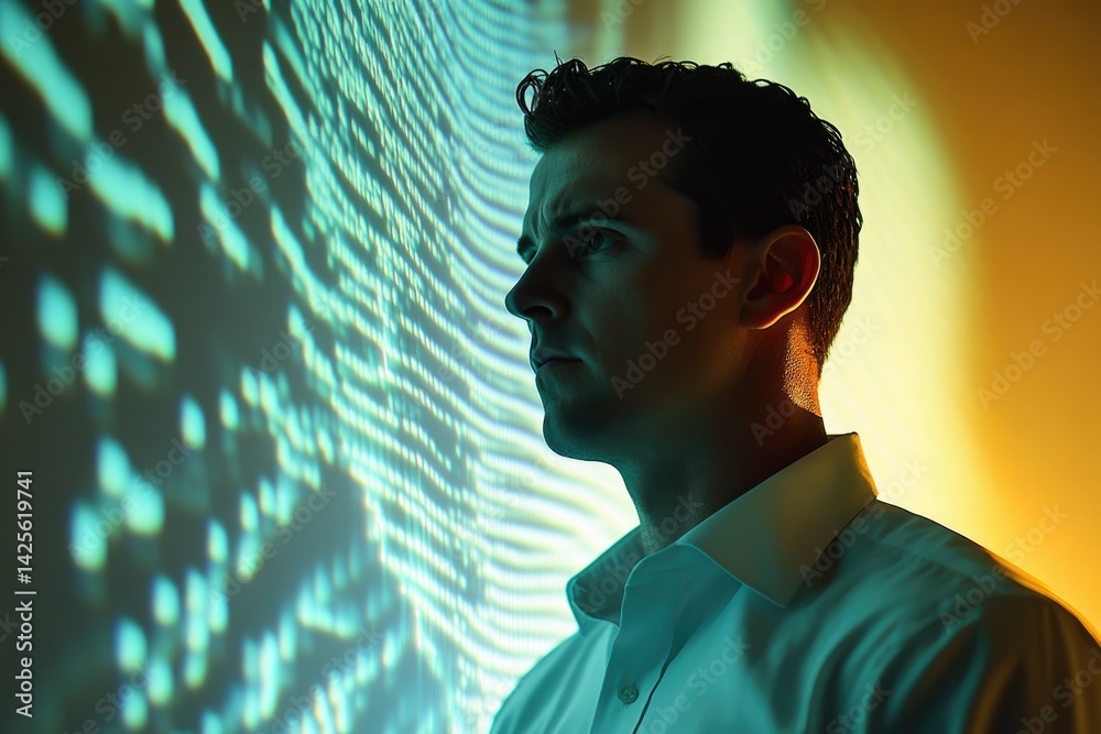 Poster a man contemplates lines of code projected onto a wall, symbolizing software development or data ana