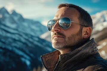 A man with a beard wearing aviator sunglasses, standing in front of a snowy mountain range.